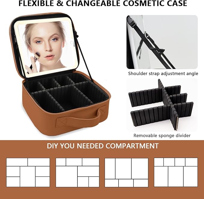 Makeup Bag with Led Mirror,Large Vanity Makeup Cases with 3 Color Setting,Portable Storage and Adjustable Dividers,for Women and Makeup Artists Cosmetic Organizer Travel Makeup Bag-Caramel