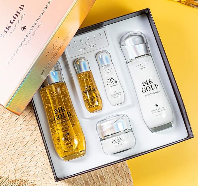 Jigott - Signature 24K Gold Essential Skin Care 3 Set - Toner (150ml), Emulsion (150ml), Cream (50ml) - Korean Skincare for Healthy and Glowing Skin