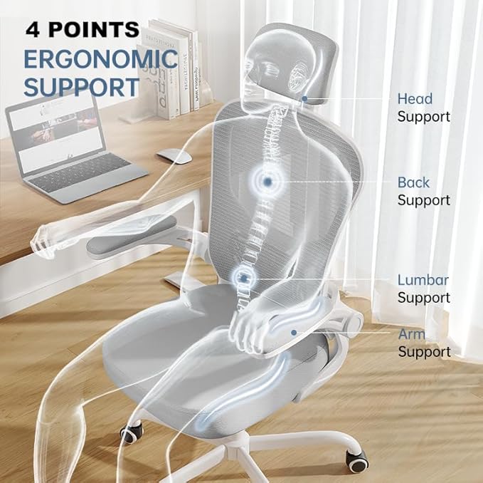 Synorla Office Chair Ergonomic Desk Chair, 330LBS Capacity, High Back Computer Design for Long Hours Comfort, Rolling Swivel for Home Office, Flip-up Armrests, White+Grey
