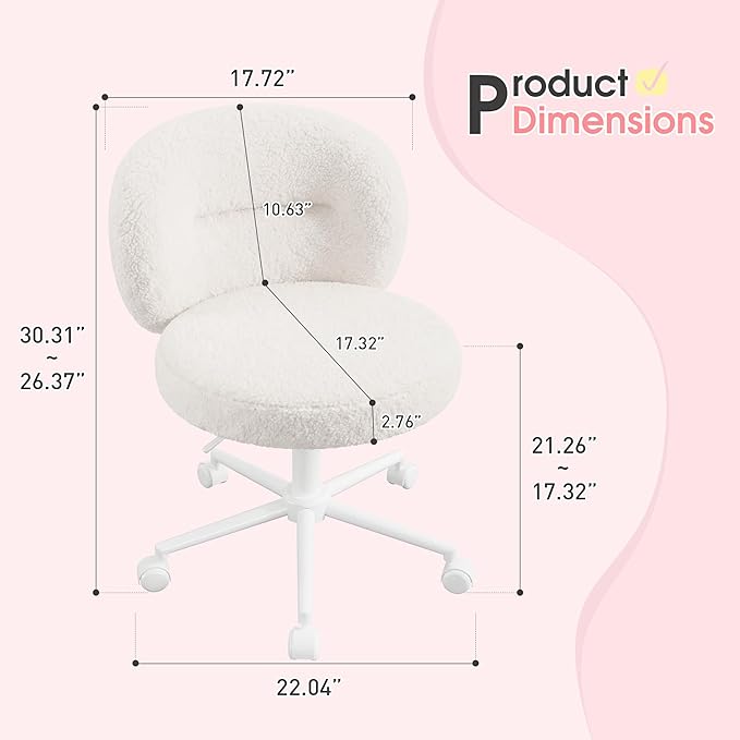 Small Round Vanity Chair with Wheels, Armless Home Office Desk Chairs with Back, Height Adjustable & 360° Swivel, Cute Comfy Vanity Computer Chair for Bedroom, Home Office, White