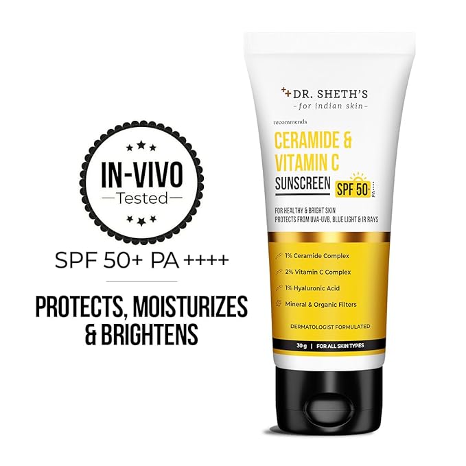 Dr. Sheth's Ceramide & Vitamin C Sunscreen In-Vivo Tested Protects, Moisturizes & Brightens Skin SPF 50+ PA++++ Lightweight, Leaves No White Cast 30 g