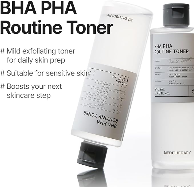MEDITHERAPY BHA PHA Routine Toner – Gentle Daily Exfoliating with 2% PHA & 0.49% BHA, Hydrating Water Toner for Smooth Texture, Clear Pores & Better Absorption, Fragrance-Free