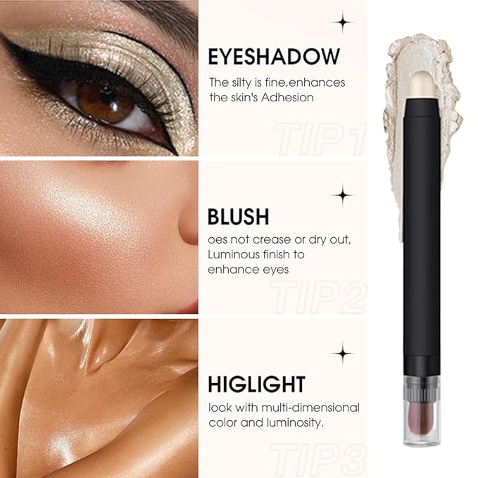 Shimmer Eyeshadow Stick –Champagne Beige Dual-Ended Creamy Pearl Eye Shadow Pencil with Built-In Smudger, Waterproof Long-Lasting High Pigment Eye Makeup for Smooth Glide 02#