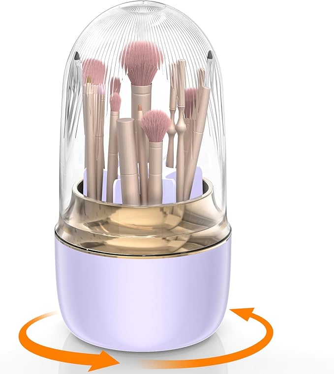 Makeup Brush Holder 360 Rotating, [Upgrade & with Cover] Makeup Brush Organizer for Vanity Countertop Bathroom (Purple)