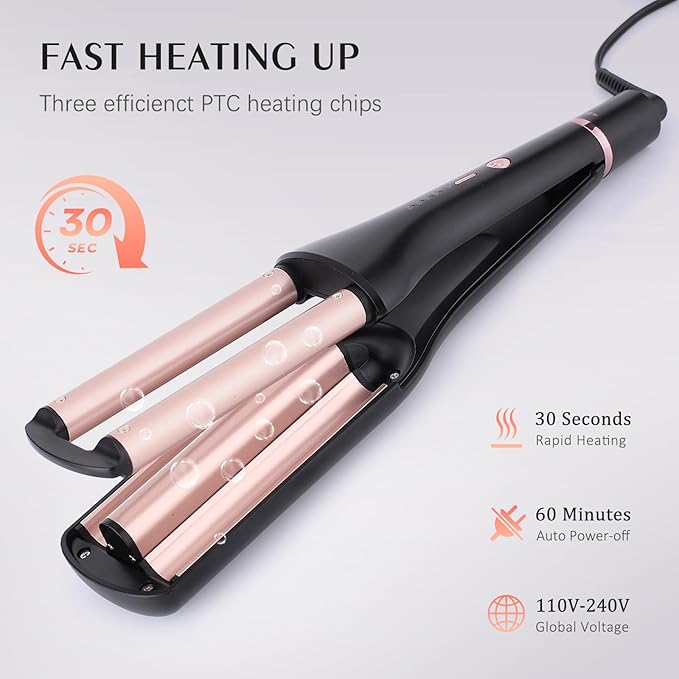 4 in 1 Crimper Hair Tool - Hair Waver with Adjustable Depths for 4 Wavy Styles, Beach Waves Curling Iron with 3 Ceramic Barrels, 4 Temperatures, Dual Voltage, Glove & Clips, for Women (Gold)