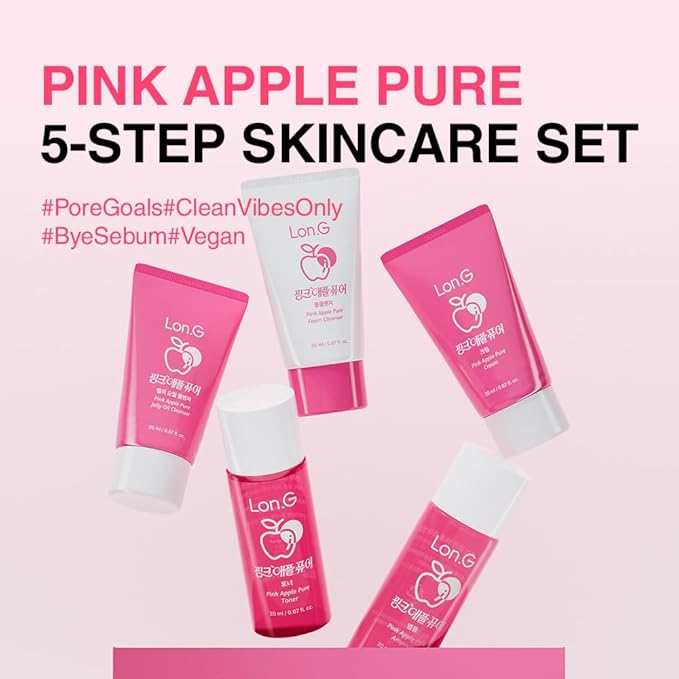 Pink Apple Pure 5-Step Skincare Set – Korean Skincare Travel Kit for Pores & Sebum Control | Jelly Oil Cleanser, Foam Cleanser, Toner, Ampoule, Cream | Portable Gift Set, Made in Korea