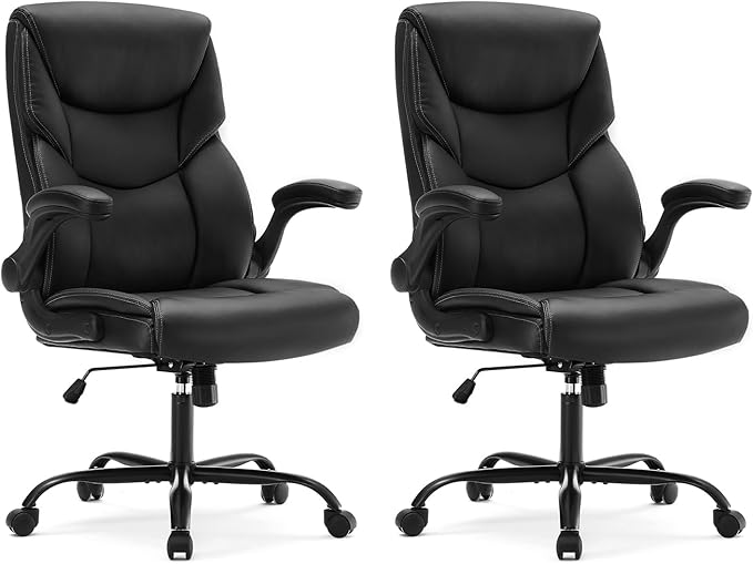 DUMOS Office Chair Set of 2 - Ergonomic Executive Computer Desk Chairs with Adjustable Flip-up Armrest, Swivel Task Chair with Lumbar Support, Strong Metal Base, PU Leather, Black