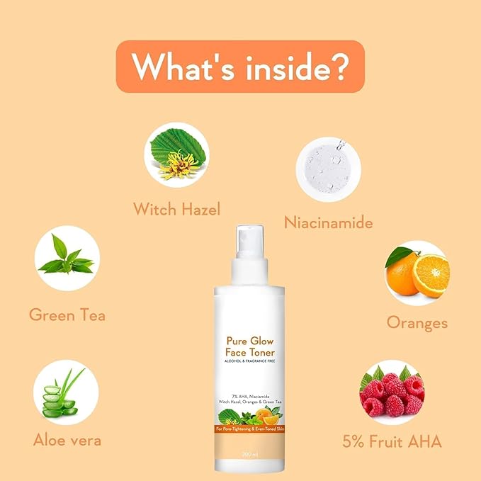 Pure Glow Face Toner - 5% Fruit AHA, Hyaluronic Acid, Niacinamide & Oranges,200ml