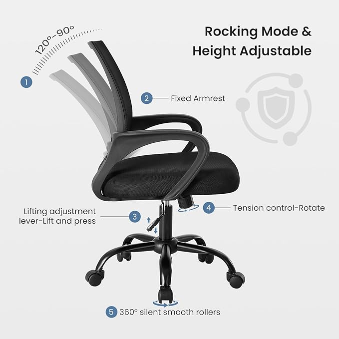 DUMOS Home Office Chair - Ergonomic Mid Back Mesh Desk Chair with Lumbar Support & Rocking Mode, Height Adjustable with Fixed Armrest, for Computer, Gaming, Meeting, 360° Swivel, Black, 2 Pack