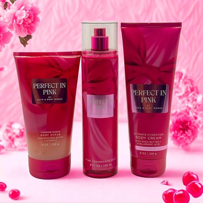 Bath & Body Works PERFECT IN PINK Fine Fragrance Mist, Ultimate Hydration Body Cream & Foaming Sugar Body Scrub 3-piece Gift Set with a Blue Bow for Holidays – Full Size