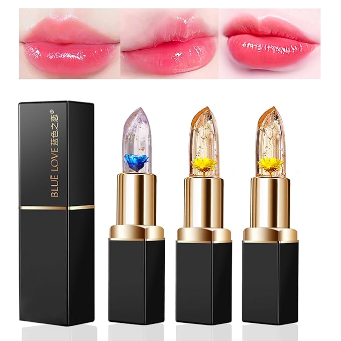 BLUE LOVE 3-Piece Color Changing Flower Jelly Lipstick Set - Nourishing Clear Lip Balm with Flower, Long-Lasting Moisturizing Lip Gloss (2Pc Gold 1Pc Blue)