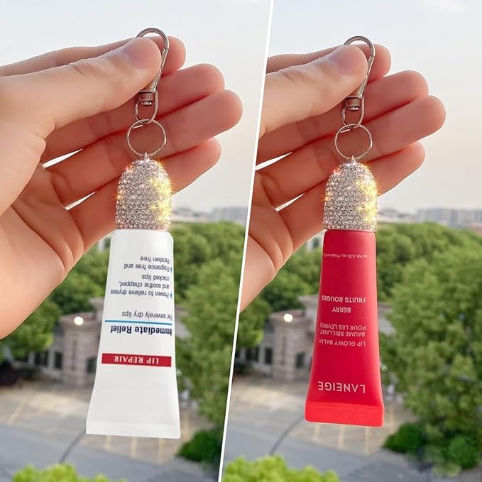 3pcs Lip Balm Keychain Holder Bling Lip Gloss Key Chain Cap Portable Lipgloss Case