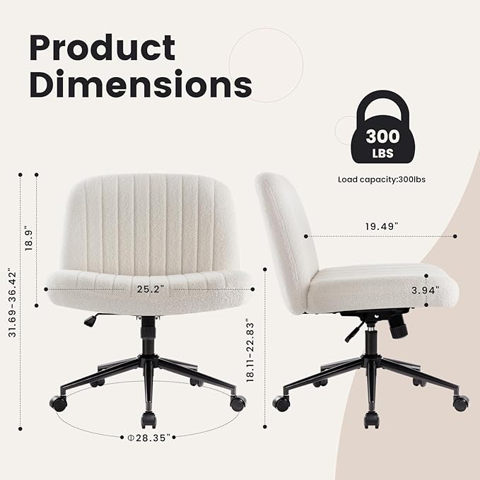 IWMH Criss Cross Chair Cross Legged Office Chair with Wheels Armless Wide Seat Desk Chairs Height Adjustable Computer Task Chairs Swivel Vanity Chair for Home Office Bedroom Make Up Teddy Fabric White
