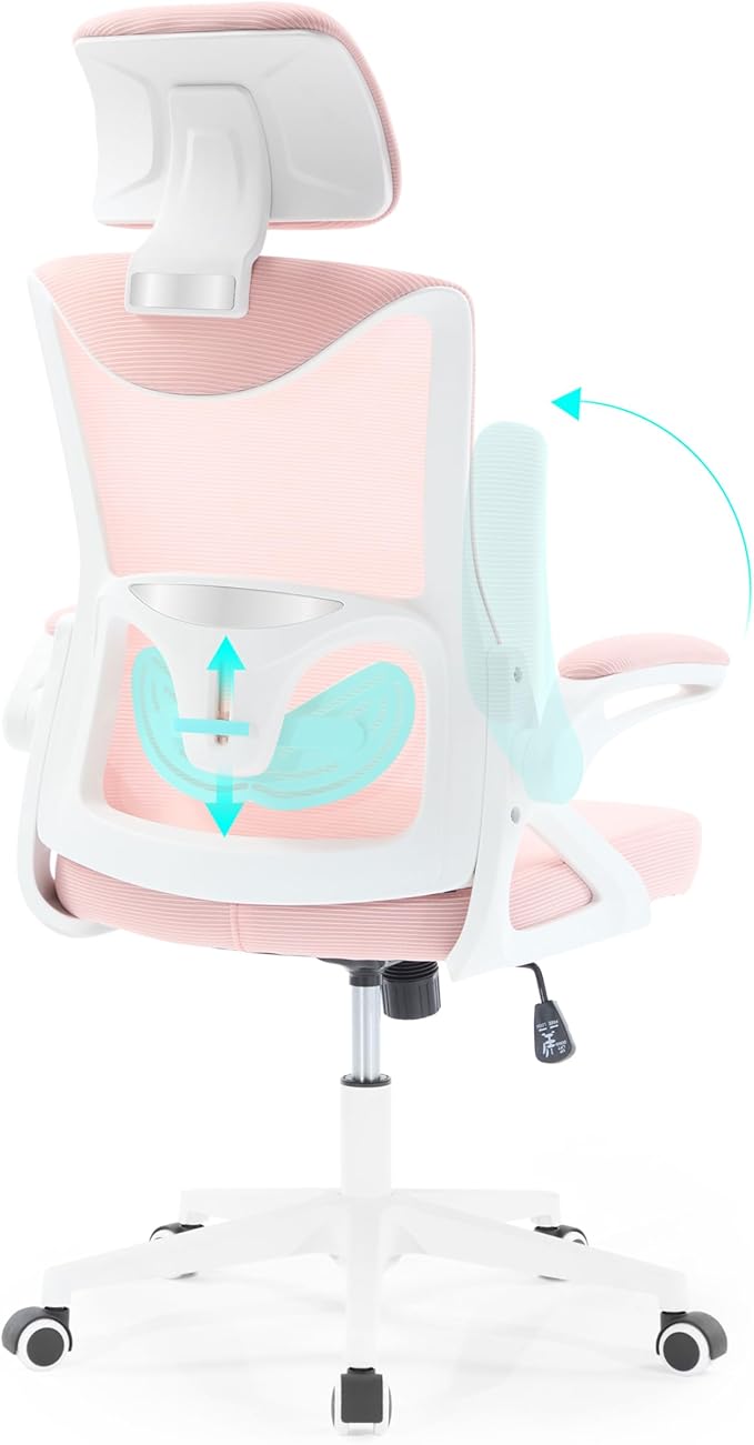 Fizzin Ergonomic Office Chair,Ergonomic Desk Chair with Headrest Mesh Computer Chair with High Back Adjustable Lumbar Support, Rolling Swivel Chairs with Wheel Armrests for Home Office(Pink)