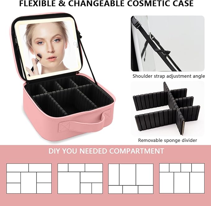 Makeup Bag with Mirror,with Mirror 3 Color Setting and Detachable 10x Magnifying Mirror Large Vanity Makeup Cases,Portable Storage and Adjustable Dividers, for Women and Makeup Artists-Pink