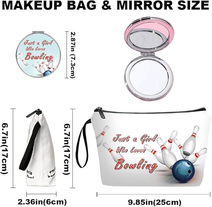 Personalized Bowling ball Makeup Bag set with Mirror for girls,Cosmetic bag set for Bowling Party Favors with10 pieces pink brush kit,Bowling lovers Gifts for Women Mom femal Friends