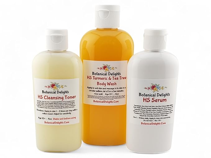 Hidradenitis Suppurativa Cleansing Toner, Serum and Turmeric & Tea Tree Body Wash - Designed specifically to soothe and prevent HS flare-ups - Eases discomfort and allow the toxins inside to drain.