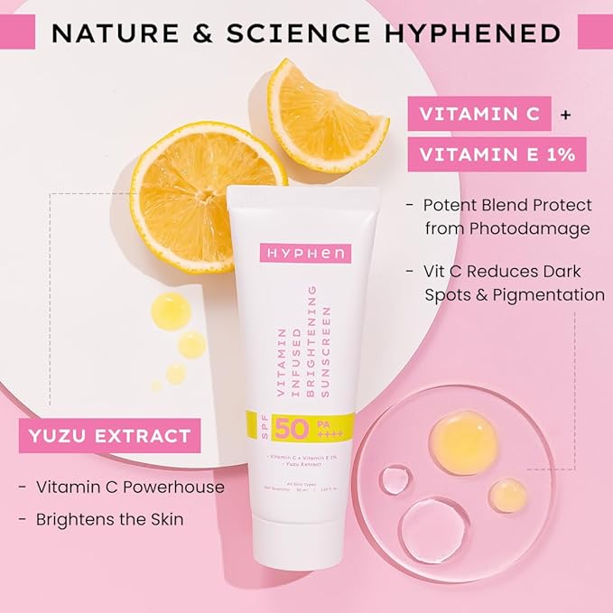 Hyphen Vitamin Infused Brightening Sunscreen With SPF 50 PA++++ | 12hrs UVA-UVB & Blue Light Protection |Brightens Skin, Gives Matte Finish & No White Cast | Lightweight | For All Skin Types - 50ml