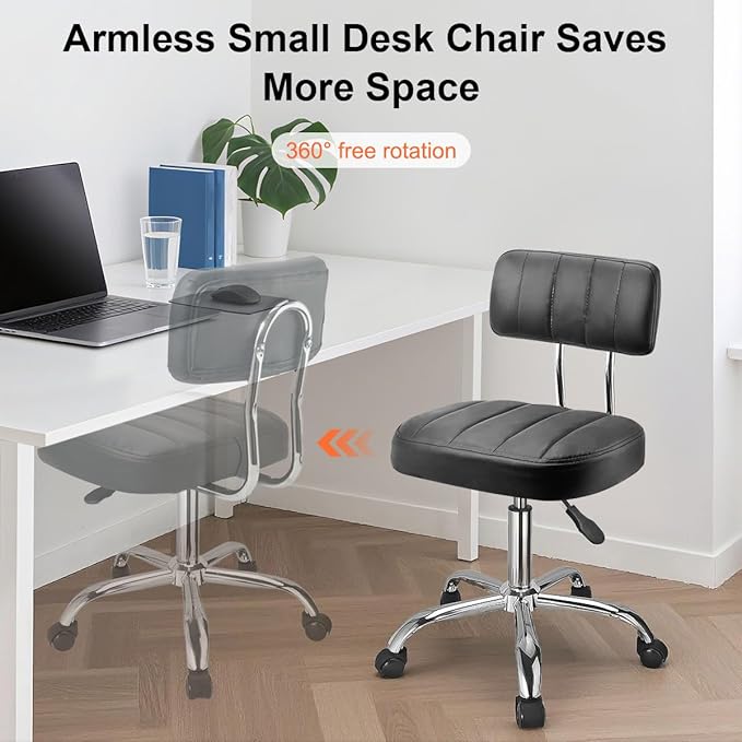 JOSTZHXIN Office Desk Chair with Wheels, Rolling Stool with Backrest Height Adjustable, Swivel Stool with Low Back Lumbar Support, Square PU Leather Swivel Chair with Back