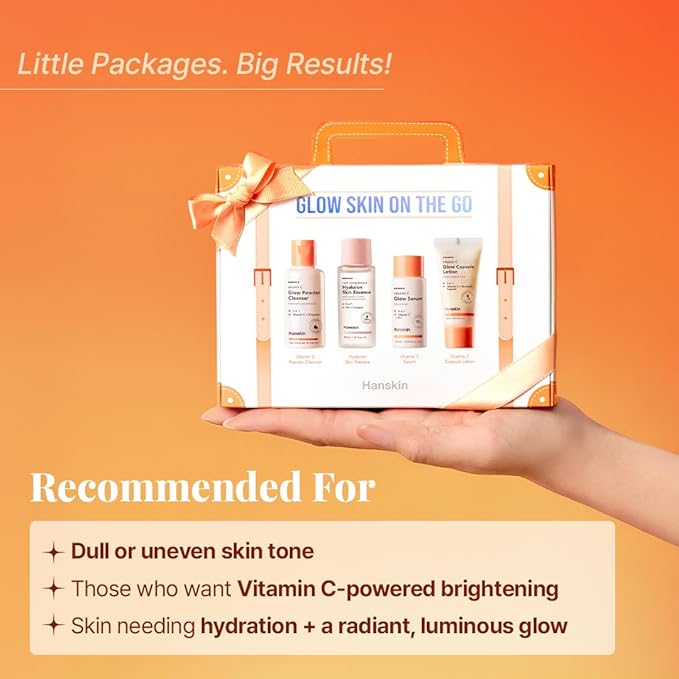 Hanskin Glow Skin On the Go Kit–Brightening & Hydrating Mini Skincare Set with Cleanser, Essence, Serum & Lotion | TSA-Friendly Travel Kit, Holiday Gift, Stocking Stuffer, Teen Girl & Women’s Skincare
