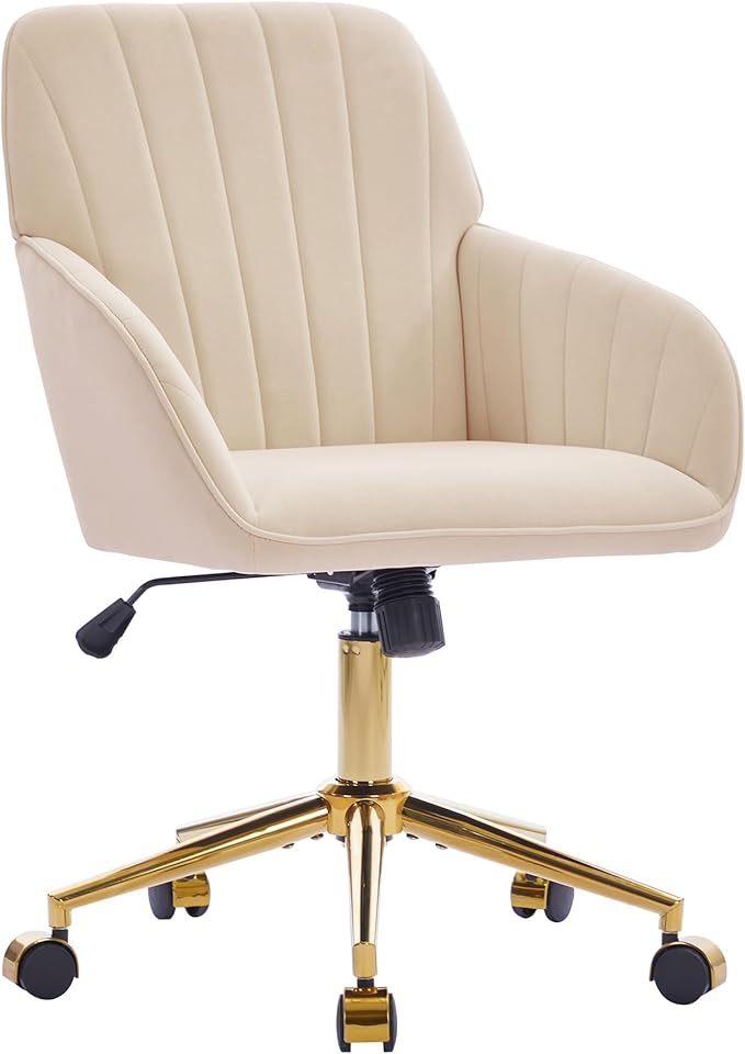Velvet Home Office Desk Chair, Modern Cute Computer Task Chair with Back, Height Adjustable Upholstered Vanity Chair with Swivel Wheels for Women, Girls (Gold Base, Oatmeal