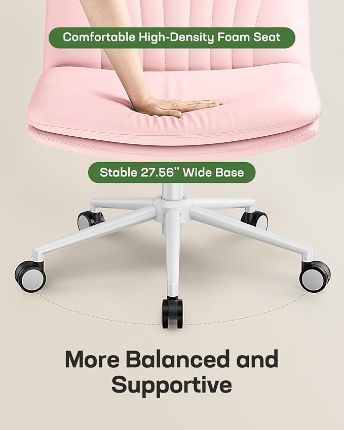 Marsail Armless-Office Desk Chair with Wheels: PU Leather Cross Legged Wide Chair,Comfortable Adjustable Swivel Computer Task Chairs for Home,Office,Make Up,Small Space,Bed Room, Pink