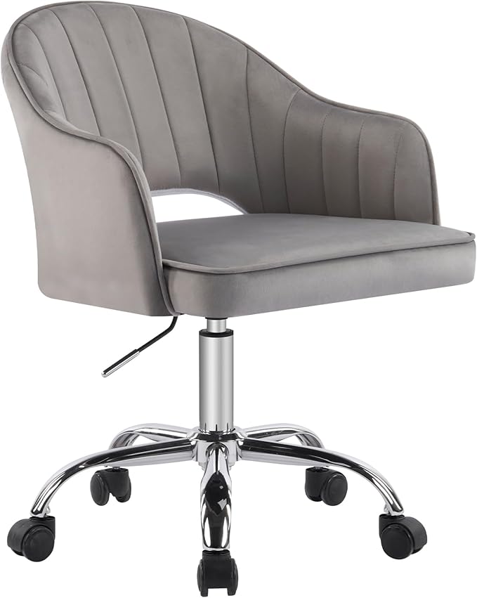 MOJAY Velvet Office Swivel Chair, Vanity Fabric Desk Pretty Fancy Gold Office Chairs for Girls, 360°Swivel Height Adjustable Reception Chair (LightGray)