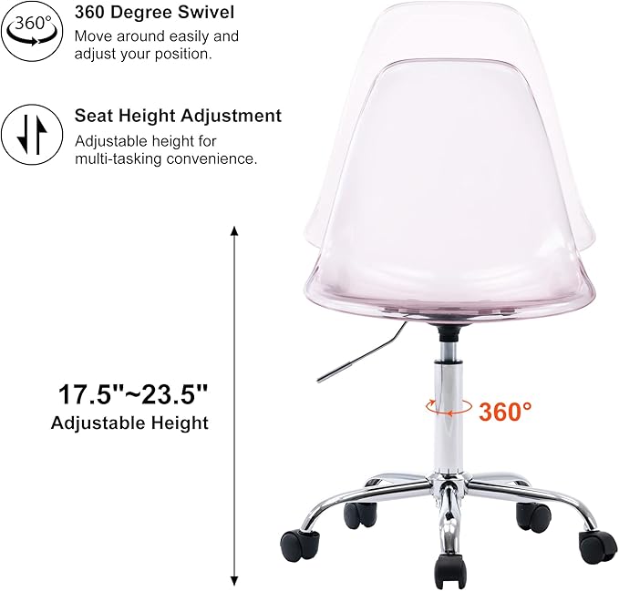 HOMEFUN Clear Desk Chair, Acrylic Rolling Armless Vanity Swivel Height Adjustable Ghost Molded Plastic Home Office Chairs with Wheels, Pink