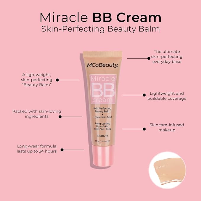 MCoBeauty Miracle BB Cream Medium Beige - Skin Tint Foundation Primer with Hyaluronic Acid Glycerin - Lightweight Dewy Coverage Tinted Moisturizer for Face - Vegan Cruelty Free Makeup, Tone Balancing