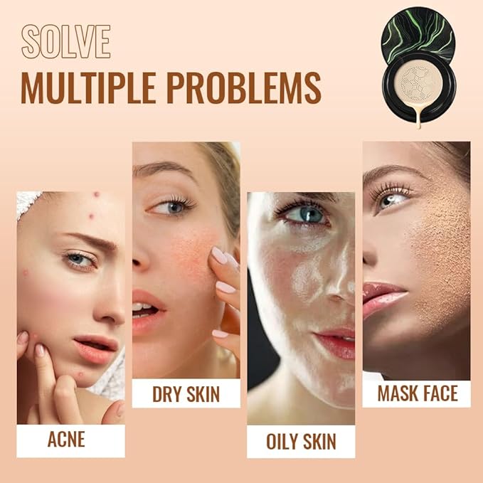 Foundation for Older Women, 2026 New Mushroom Head Airs Cushion CC Cream, Full Coverage BB Cream Foundation for Mature Skin Moisturizing Concealer Brighten Long-Lasting Even Skin Tone (Ivory)