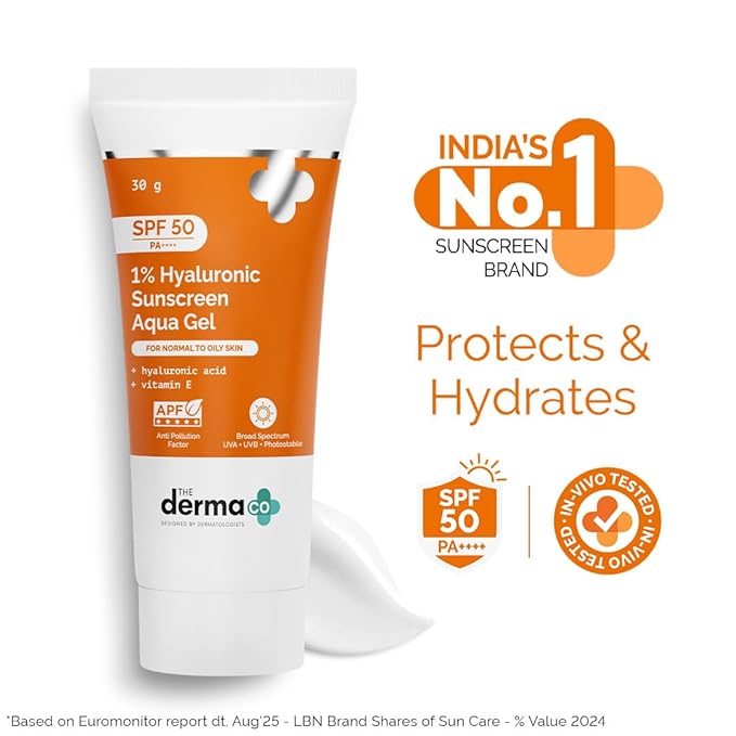 The Derma Co 1% Hyaluronic Sunscreen Aqua Gel SPF 50 PA++++ Hydrating, Lightweight & Non-Greasy No White Cast Broad Spectrum & Blue Light Protection Clinically Tested - (In-Vivo) 30 g