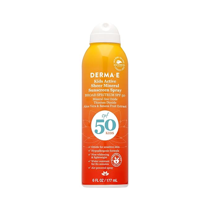 DERMA E Kids Active Sheer Mineral Sunscreen Spray SPF 50 – Broad Spectrum Protection for Toddlers and Kids – Water Resistant Spray Sunscreen for Sensitive Skin, 6 Oz