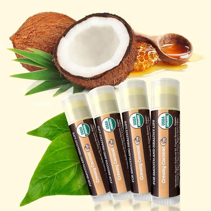 Earth's Daughter USDA Organic Lip Balm 4-Pack Creamy Coconut Flavor - Beeswax, Coconut Oil, Vitamin E - Best Lip Repair Chapstick for Dry Cracked Lips