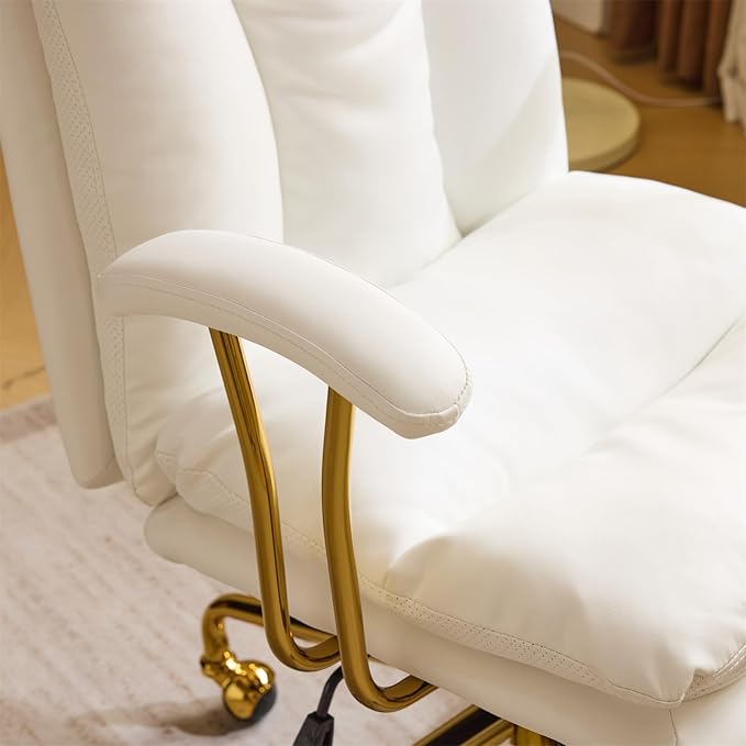 VINGLI Home Office Desk Chair Comfy with Wheels & Removable Armrests,Gold Base Vanity Chair with Back, Adjustable Rolling Swivel Computer Task Chair for Study,Makeup,Office,Bedroom,PU Leather,White