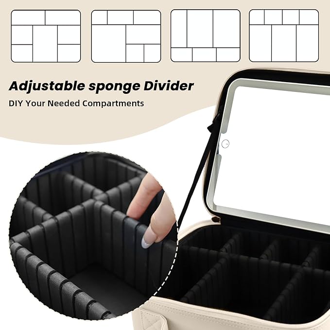 Travel Makeup Bag with LED Mirror and Light Makeup Travel Bag Organizer Portable Cosmetic Brush Organizer Bag with Adjustable Dividers for Cosmetics Makeup Brushes Toiletry (White)