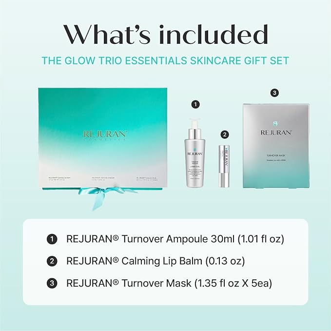 REJURAN® The Glow Trio Essentials Korean Skincare Gift Set – Turnover Ampoule Serum, Turnover Sheet Mask & Calming Lip Balm with c-PDRN®, Hydrating & Soothing Care for Radiant-Looking Skin