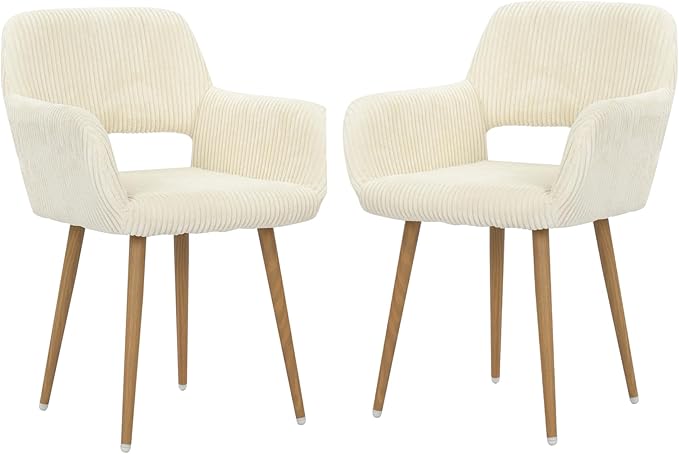 KCC Small Modern Dining Room Arm Chairs Set of 2, Mid-Century Upholstered Corduroy Fabric Side Seat Club Guest with Metal Tube Legs for Kitchen, Living Room, Beige