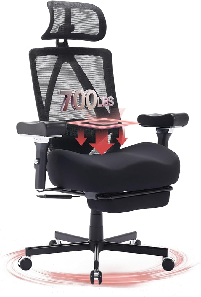Big and Tall Office Chair 700lbs, Ergonomic Desk Chair with W Wide Thick Cushion, Executive Mesh Office Chair with Adjustable Headrest, Lumbar, Footrest, 4D Armrest Computer Task Chairs for Nap, Black