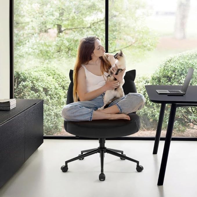 IWMH Armless Office Desk Chair with Wheels,Ergonomic Criss Cross Legged Computer Chair with Fabric Padded, Height Adjustable Wide Seat Vanity Chairs,Mid Back Task Chair for Home, Bedroom (Black)