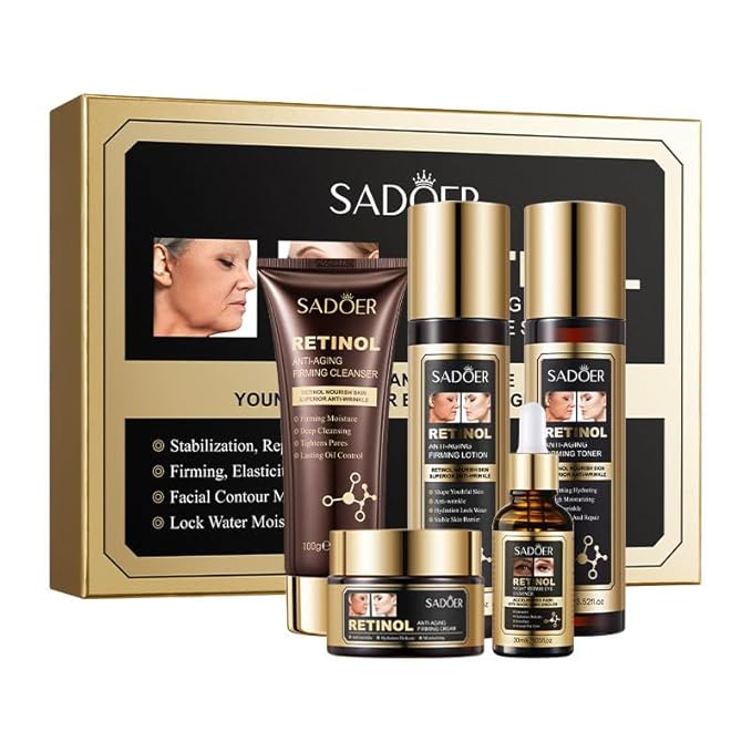 QueenLine 5pcs Retinol Face Toner Essence Cream Facial Lotion Moisture Anti-Aging Serum Cleanser Skin Care Set
