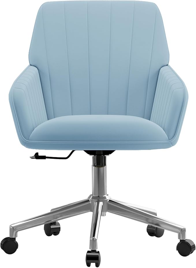 YISHENG Velvet Office Desk Chair with Silver Base, with Wheels,Modern Height Adjustable 360 Degree Swivel Upholstered Vanity Chairs with Arms for Living Room Bedroom,Light Blue