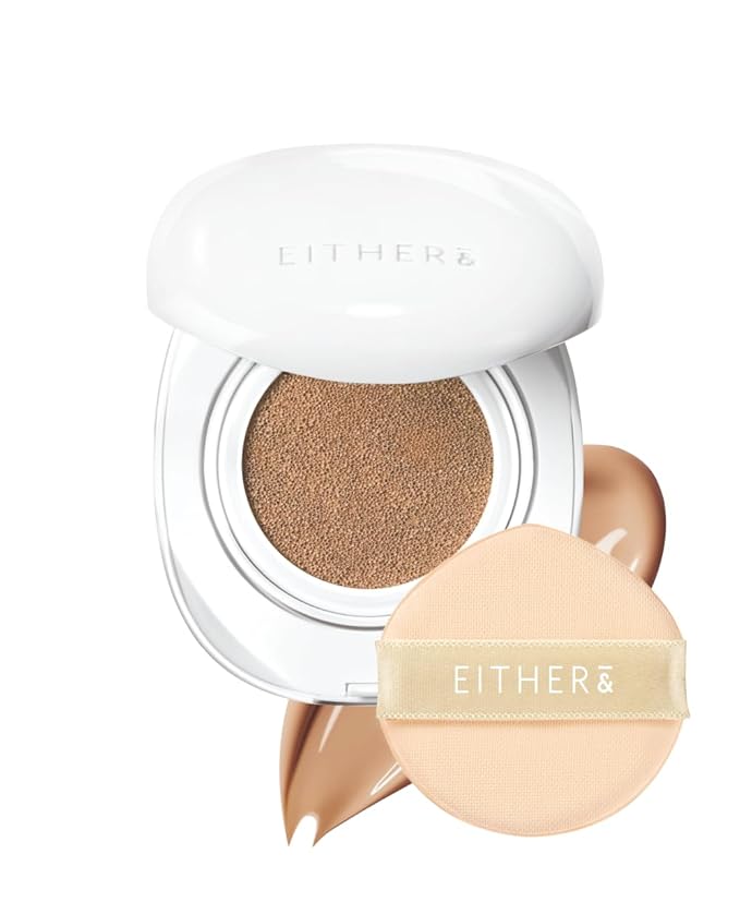 EITHER& Glow Pixel Cushion Foundation, Korean Glass Skin Finish, 62% Skincare-Infused, Antioxidant-Rich, Long-Lasting, Buildable Coverage (25.5P Tan, 12g)