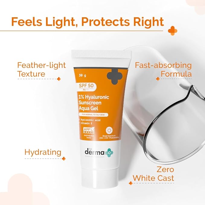 The Derma Co 1% Hyaluronic Sunscreen Aqua Gel SPF 50 PA++++ Hydrating, Lightweight & Non-Greasy No White Cast Broad Spectrum & Blue Light Protection Clinically Tested - (In-Vivo) 30 g