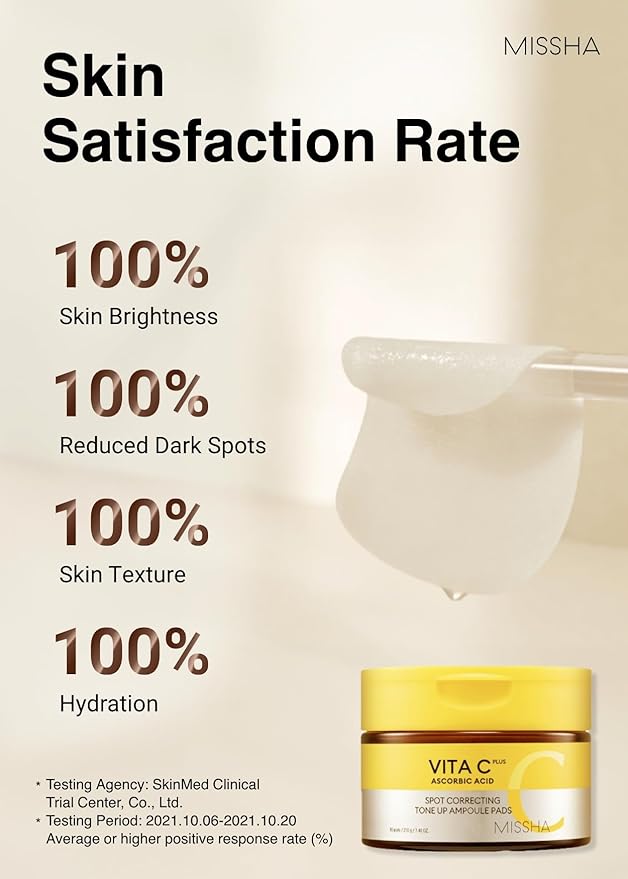 MISSHA Vita C Tone Up Ampoule Toner Pads (80 pads) Exfoliating, Spot Treatment Pads with Vitamin C, Hyaluronic Acid, Collagen, Hydrating