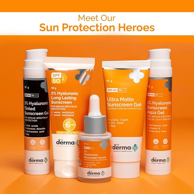 The Derma Co 1% Hyaluronic Long Lasting Sunscreen Spf 50 Pa++++ With Hyaluronic Acid & Vitamin E For Broad Spectrum Protection- 50 G, All Skin Types | Water & Sweat Resistant