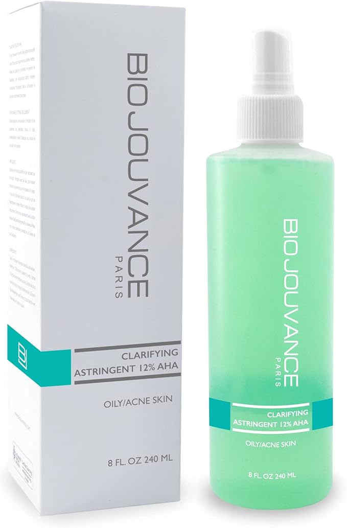 Clarifying Astringent 12% AHA Toner 8oz / 240ml - for Normal/Oily/Acne-Prone Skin | Tighten Pores | Gentle Face Wash & Makeup Remover | Daily Skin Care Treatment | Made in France