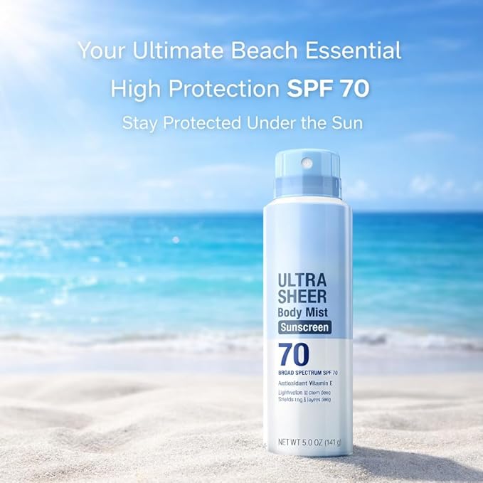 Ultra Sheer SPF 70 Body Sunscreen Spray, 5 oz Lightweight Sun Care Mist, Dry Touch Feel, Sheer Finish Protection for Outdoor and Daily Use
