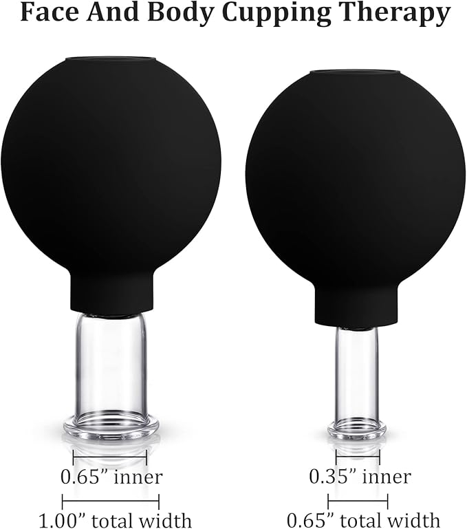 Nuanchu 2 Pieces Facial Cupping Set, Glass Cupping Cups Glass Silicone Cups Vacuum Suction for Face Skin Back Shoulder Muscle(1 Inch and 0.65 Inch Diameter,Black)