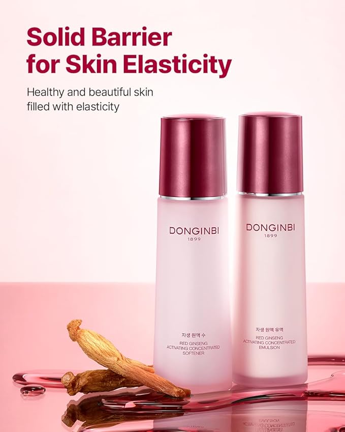 Donginbi Red Ginseng Activating Concentrated Set - Vegan Firming & Skin Barrier Repair Toner(4.4 floz) & Essence(4.4 floz), Moisturizer for Face, Korean Ginseng Skin Care Set Gifts for Women