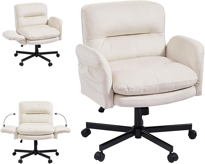 Bestier Criss Cross Chair with Flip-Up Armrests, Swivel Makeup Vanity Chair with Wheels & Side Pockets, Cross Legged Office Chair for Home Office, Bedroom, Beige Velvet